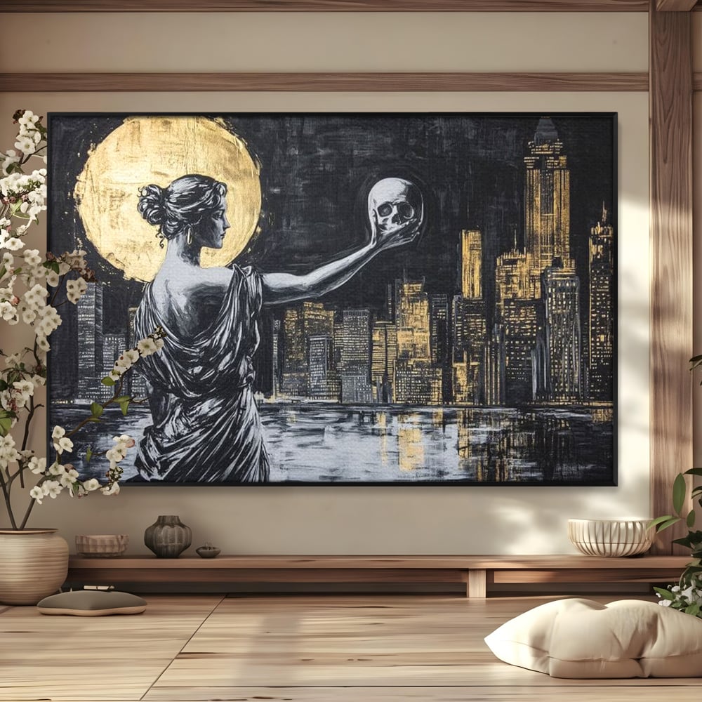 Tablou canvas cu tablou canvas cu femeie si craniu, in rama de aluminiu negru